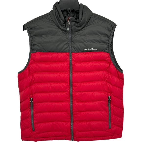 Men's Two toned Red Grey Eddie Bauer Down Puffer Full Zip Vest Jacket Size Large - Picture 1 of 7